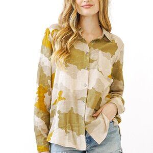 MYSTREE Camo Button Down Shirt, Neutral Olive Beige Lightweight Top, Oversized